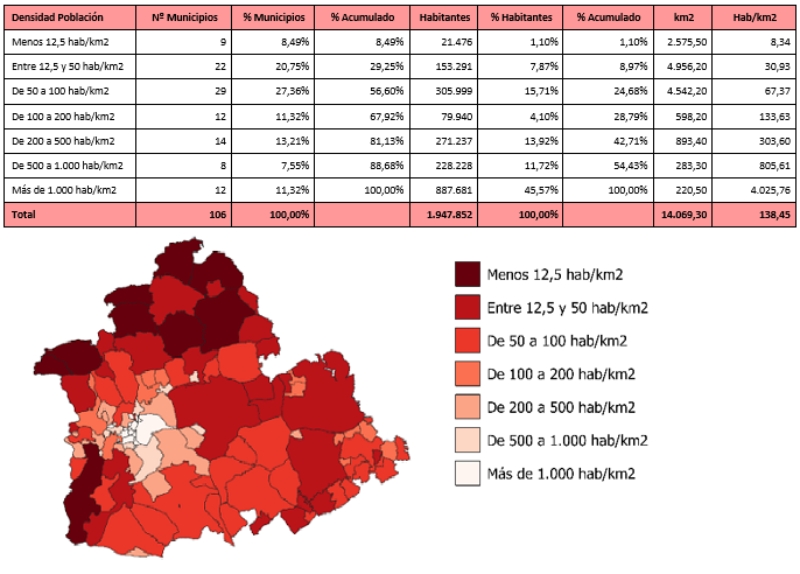 Mapa de densidad de población de la provincia de Sevilla